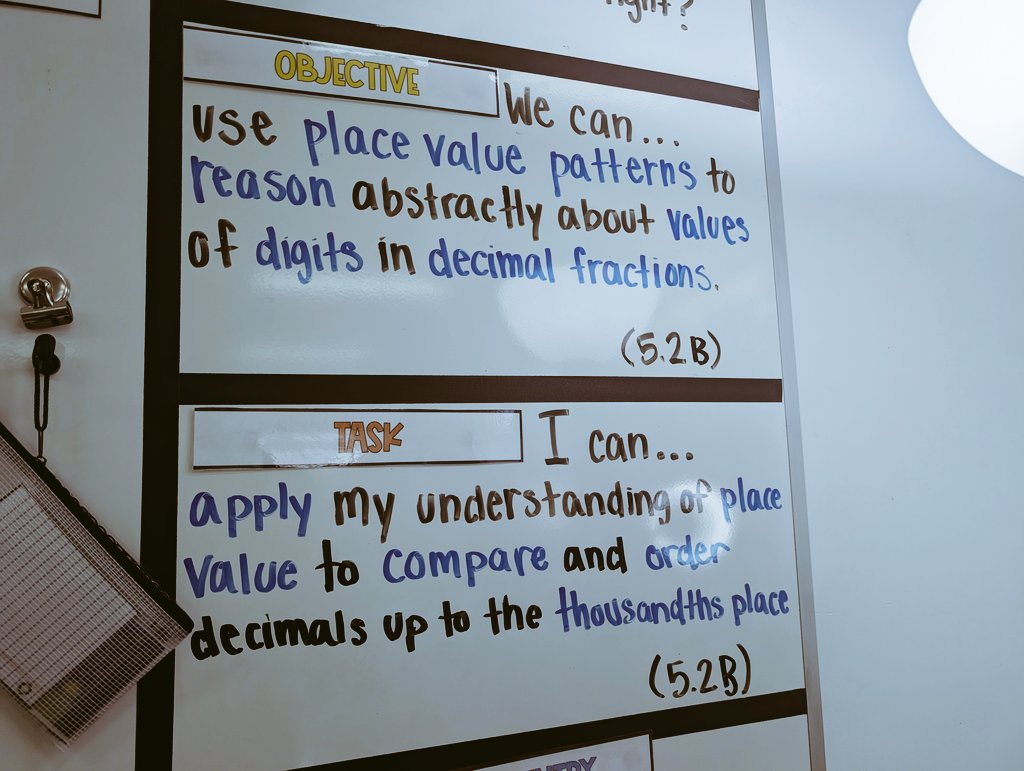 Dr. Katie Perez (@katiep1120) on Twitter photo I loved what I saw in Ms. Beck's 5th grade classroom today! A huge place value chart, with the VALUES not just the words. 👏🏼 And what I love about her objectives is that the vocab and verbs are in blue- highlighting them!
This is the way! 👏🏼👏🏼
<a href="/DeZavalaSMCISD/">De Zavala Elementary</a> I loved what I saw in Ms. Beck's 5th grade classroom today! A huge place value chart, with the VALUES not just the words. 👏🏼 And what I love about her objectives is that the vocab and verbs are in blue- highlighting them!
This is the way! 👏🏼👏🏼
<a href="/DeZavalaSMCISD/">De Zavala Elementary</a>