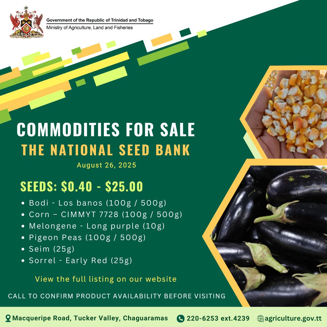 maftt_'s tweet image. ASD Commodities For Sale: Aug. 26, 2025

Calling all farmers and home gardeners! Check out the latest range of agricultural commodities available from the Agricultural Services Division (ASD):
agriculture.gov.tt/divisions-unit…

Let’s grow together!

#MALF #ASD #AgriculturalServicesDivision