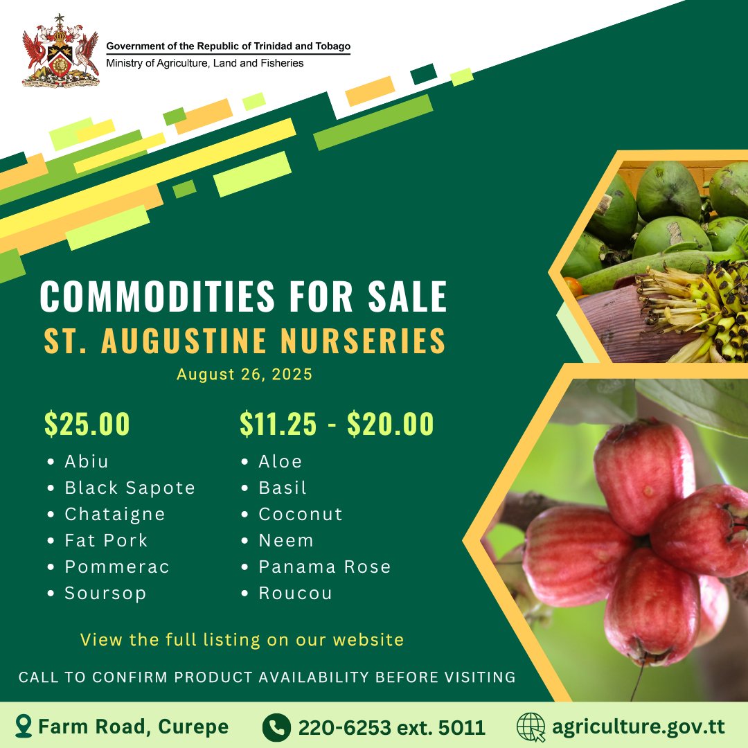 maftt_'s tweet image. ASD Commodities For Sale: Aug. 26, 2025

Calling all farmers and home gardeners! Check out the latest range of agricultural commodities available from the Agricultural Services Division (ASD):
agriculture.gov.tt/divisions-unit…

Let’s grow together!

#MALF #ASD #AgriculturalServicesDivision