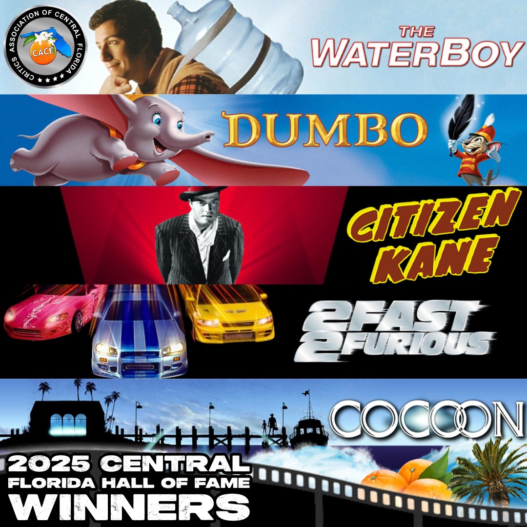 The Critics Association of Central Florida is proud to announce the 2025 Hall of Fame inductees! 🌴🎬
🏆 The Waterboy
🏆 Dumbo
🏆 Citizen Kane
🏆 2 Fast 2 Furious
🏆 Cocoon
Celebrating films with strong ties to Florida! #CACF #FilmTwitter #FloridaFilm #FilmCritics #Film