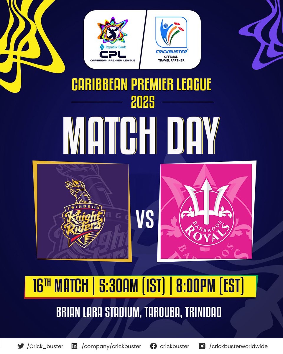 Trinbago Knight Riders 🆚 Barbados Royals
📍 Brian Lara Stadium, Tarouba, Trinidad
🗓️ 16th Match
⏰ 5:30 AM (IST) | 8:00 PM (EST)

Who are you backing tonight? 👀💥 

#CPL25 #Crickbuster #TKRvsBR