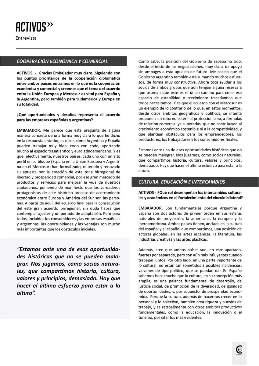 Entrevista al Embajador de España en Argentina <a href="/JAL_1966/">Joaquín de Arístegui Laborde 🇪🇦🇦🇷</a> en la revista “Activos”, de la <a href="/CECRAOficial/">Cámara Española</a>.   

Se puede leer la entrevista completa en: cecra.com.ar/publicaciones/…

<a href="/_minecogob/">Economía, Comercio y Empresa</a> <a href="/MAECgob/">Ministerio de Asuntos Exteriores, UE y Cooperación</a> <a href="/ICEX_/">ICEX</a> <a href="/Cancilleria_Ar/">Cancillería Argentina 🇦🇷</a> <a href="/MinEconomia_Ar/">Ministerio de Economía</a> <a href="/camarascomercio/">Cámara de España</a>