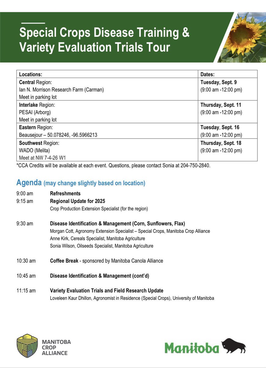 Join us for the Special Crops Disease Training &amp; Variety Evaluation Trials Tour at 9 AM – 12 PM in: Carman (Sept 9); Arborg (Sept 11); Beausejour (Sept 16); Melita (Sept 18). Gain first hand experience with corn, flax and sunflower diseases. CCA credits #MBAg #WestCdnAg #CdnAg