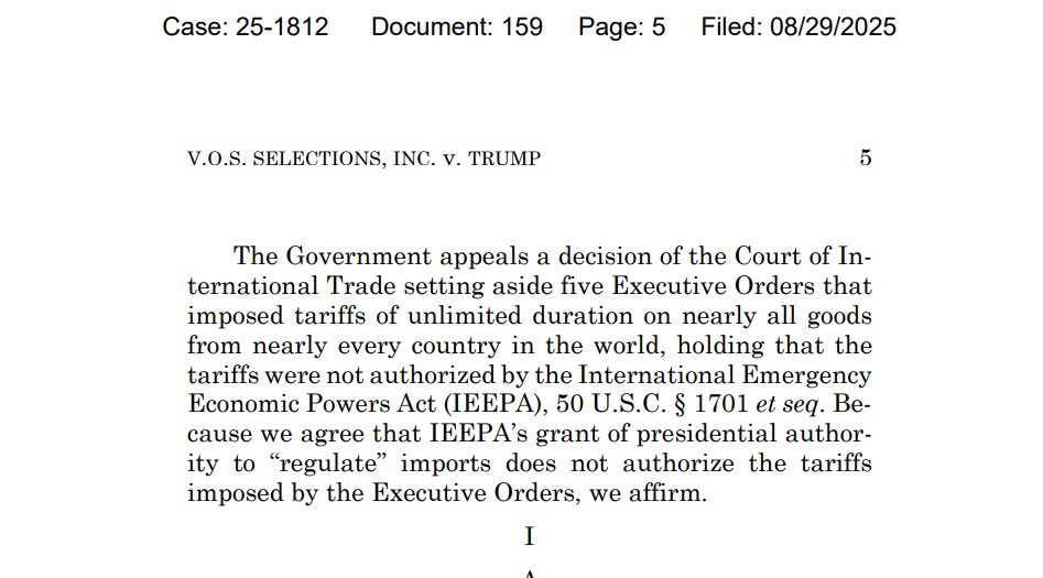 NEW: The Court of Appeals for the Federal Circuit ruled in V.O.S. Selections Inc. v. Trump that IEEPA does not grant President Trump the power to implement these specific Liberation Day tariffs and affirmed the lower court's order that these tariffs are “invalid as contrary to
