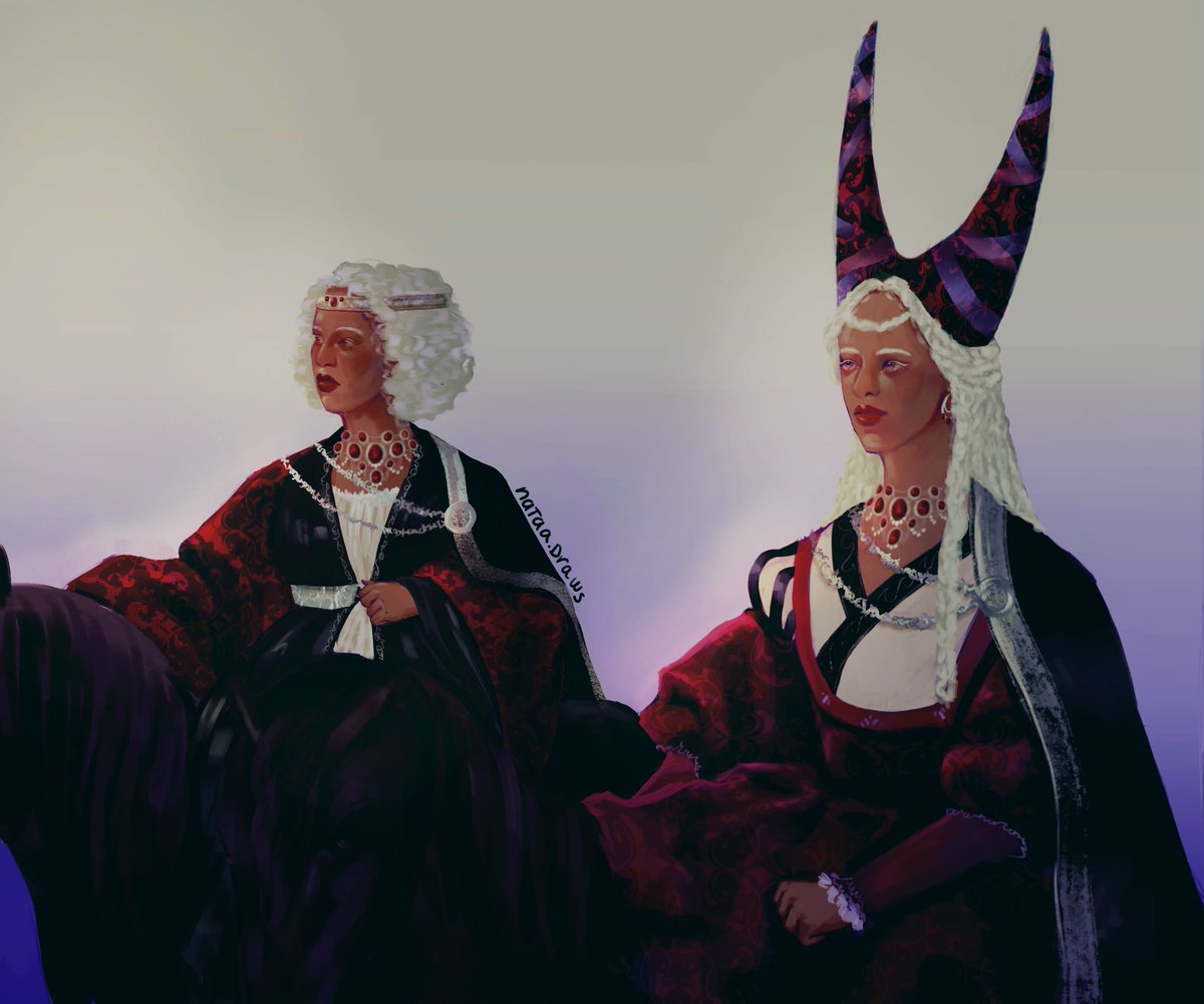 "Both were dressed in gowns of soft black velvet with rubies at their throats, and the three-headed dragon of House Targaryen on their cloaks"