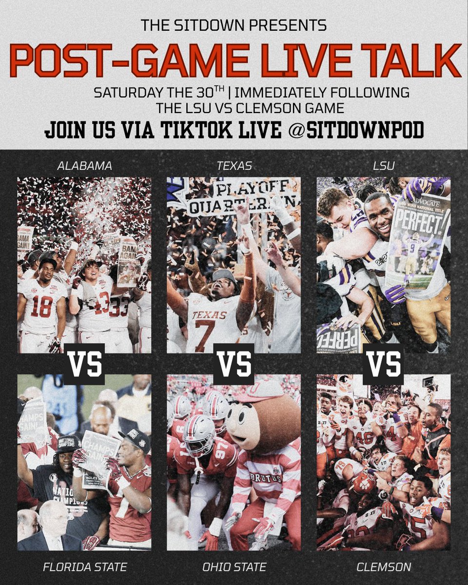 The Sitdown Podcast (@thesitdownpod0) on Twitter photo The matchups are heating up 🔥🏈 Right after LSU vs Clemson, we’re breaking it all down on The Sitdown Post-Game Live Talk! Tune in TONIGHT immediately after the LSU vs Clemson game on TikTok Live <a href="/sitdownpod/">The Sitdown w/ Mike Recine</a>. Don’t miss it! 👀
#TheSitdownPodcast #CFB #TheSitdownLive The matchups are heating up 🔥🏈 Right after LSU vs Clemson, we’re breaking it all down on The Sitdown Post-Game Live Talk! Tune in TONIGHT immediately after the LSU vs Clemson game on TikTok Live <a href="/sitdownpod/">The Sitdown w/ Mike Recine</a>. Don’t miss it! 👀
#TheSitdownPodcast #CFB #TheSitdownLive