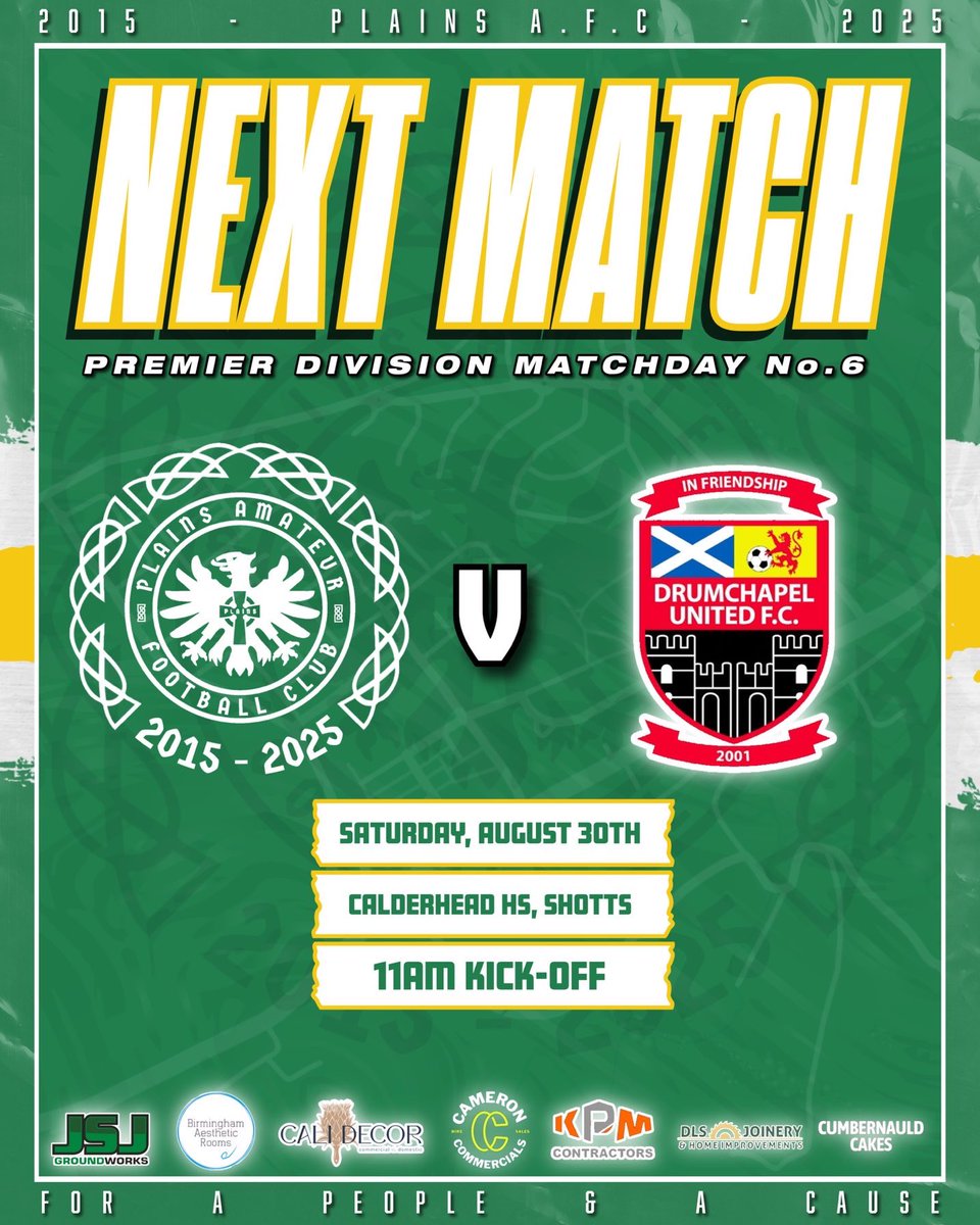 ⚽️ NEXT MATCH TOMORROW ⚽️‼️

🟢⚪️🟡 PLAINS v <a href="/Drum_United/">Drumchapel United (Sat Morn)</a> 🔴⚪️⚫️

🏆 @smafascot PREMIER DIVISION MATCHDAY 6

📍 CALDERHEAD HS, SHOTTS

⏱ 11AM KICK-OFF

🟢⚪️🟡 𝙐𝙋 𝙏𝙃𝙀 𝙋𝙇𝘼𝙄𝙉𝙎 🟡⚪️🟢

#Plains #Lanarkshire #ScottishAmateurFootball #ScottishFootball #ForAPeopleAndACause