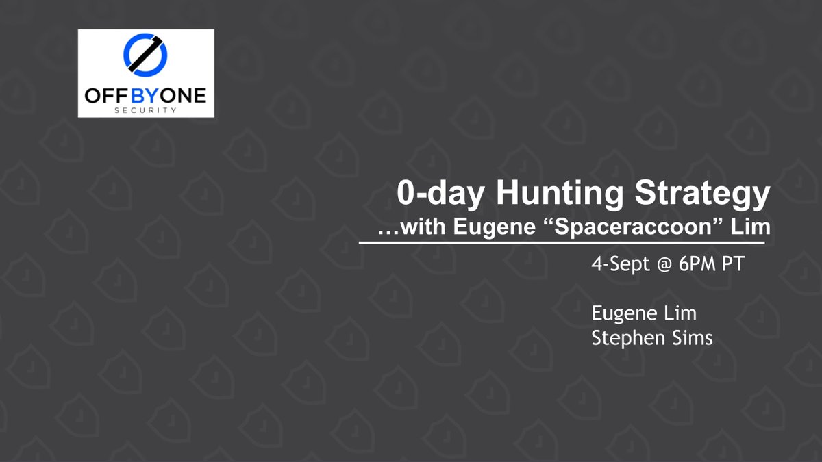 Stephen Sims (@steph3nsims) on Twitter photo Please join me on the next <a href="/offby1security/">Off By One Security</a> stream with guest Eugene Lim (<a href="/spaceraccoonsec/">spaceraccoon | Eugene Lim</a> ) on 4-Sept at 6PM PT for a session on "0-day Hunting Strategy!" This will be a great session for those interested in vulnerability research! Note the time at 6PM PT
youtube.com/watch?v=dMt2qy… Please join me on the next <a href="/offby1security/">Off By One Security</a> stream with guest Eugene Lim (<a href="/spaceraccoonsec/">spaceraccoon | Eugene Lim</a> ) on 4-Sept at 6PM PT for a session on "0-day Hunting Strategy!" This will be a great session for those interested in vulnerability research! Note the time at 6PM PT
youtube.com/watch?v=dMt2qy…