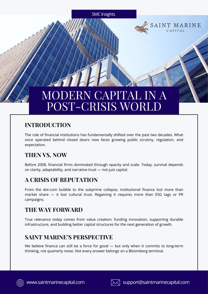 StMarineCapital's tweet image. Finance, redefined:
• Pre-2008: opaque scale
• Post-2020s: trust, clarity, impact
At Saint Marine, we think capital should serve progress — not just portfolios.
#CapitalMarkets #FinanceEvolution #SMC
