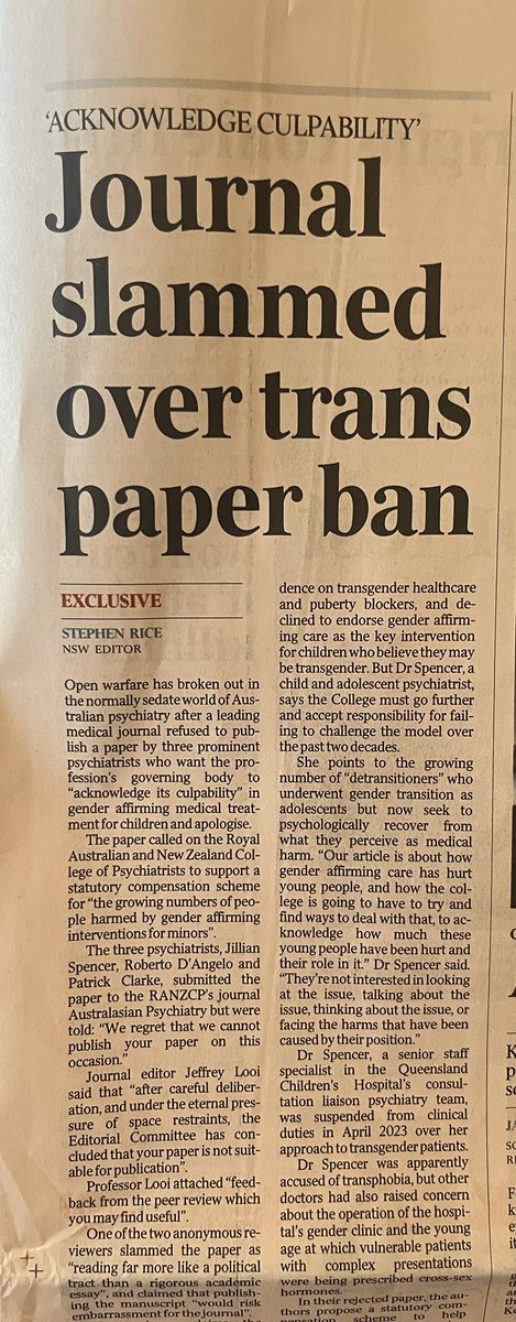 Jilliantweeting's tweet photo. We wrote an article calling on the @RANZCP to acknowledge the harm to detransitioners from gender affirming care. We proposed: a formal apology, a statutory compensation scheme, health services for detransitioners, and a remedial education program on Evidenced Based Medicine for psychiatrists. The College journal declined to publish it. @Mark_Butler_MP @TimNichollsMP @DavidCrisafulli