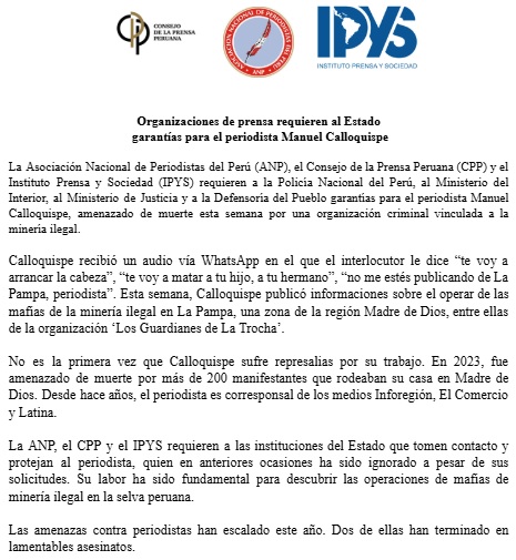 El CPP, <a href="/ANP_periodistas/">ANP Perú</a> e <a href="/IPYS/">IPYS</a> requieren al Estado garantías para el periodista Manuel Calloquispe, amenazado de muerte por la minería ilegal.

Comunicado completo:
consejoprensaperuana.org.pe/comunicado/org…

<a href="/MinjusDH_Peru/">Ministerio de Justicia y Derechos Humanos</a> <a href="/PoliciaPeru/">Policía Nacional del Perú</a> <a href="/MininterPeru/">Ministerio del Interior 🇵🇪</a> <a href="/Defensoria_Peru/">Defensoría del Pueblo</a>