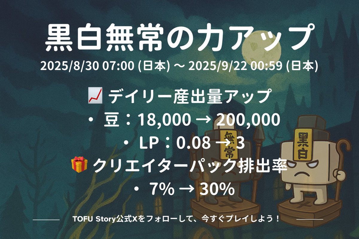 📢 TOFU Story 特別お知らせ｜黒白無常の力アップ

台湾の 旧暦七月「鬼門開」 にあわせて、
黒白無常が冥界から強力なエネルギーを授かりました！

📅 イベント期間：
2025年8月30日 06:00 (UTC+8) ～ 2025年9月21日 23:59 (UTC+8)

🔥 イベント効果
豆の生産量アップ
- 1日の生産量が 200,000豆