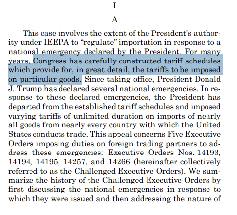 🙃 Court opened its tome with "Congress has carefully constructed tariff schedules which provide for, in great detail, the tariffs to be imposed on particular goods."

My brother-in-Christ, Congress has not revisited the tariff schedule in 95 years. And even then, many rates were