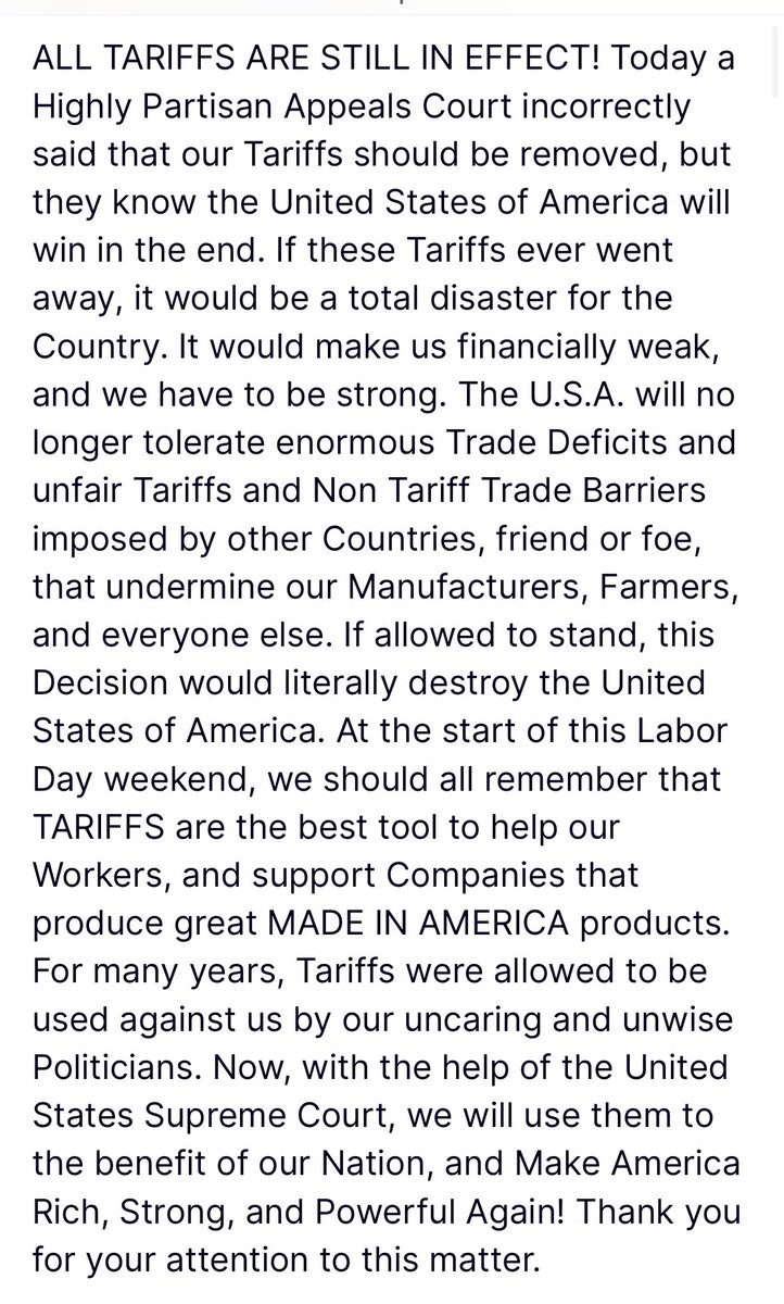 Trump posts about the court tariff rulings against him