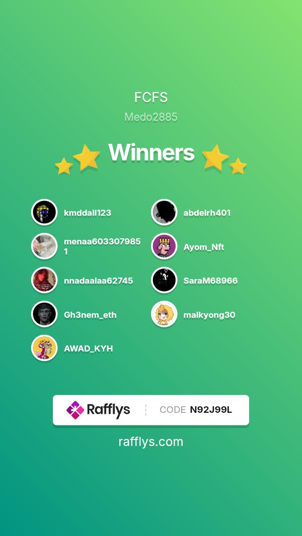 MeDo🦍 (@medo2885) on Twitter photo Winners
1. <a href="/kmddall123/">nft mint 🔥</a>
2. <a href="/abdelrh401/">abdo</a>
3. <a href="/menaa6033079851/">mony</a>
4. <a href="/Ayom_Nft/">Cyphrix</a>
5. <a href="/nnadaalaa62745/">nnadaalaa</a>
6. <a href="/SaraM68966/">Sara Mahmoud</a>
7. <a href="/Gh3nem_eth/">Gh3nem_eth</a>
8. <a href="/malkyong30/">malkyong30</a>
9. <a href="/AWAD_KYH/">Awad🦍</a>
10. <a href="/YamenS15781/">Yamen Sy</a> Winners
1. <a href="/kmddall123/">nft mint 🔥</a>
2. <a href="/abdelrh401/">abdo</a>
3. <a href="/menaa6033079851/">mony</a>
4. <a href="/Ayom_Nft/">Cyphrix</a>
5. <a href="/nnadaalaa62745/">nnadaalaa</a>
6. <a href="/SaraM68966/">Sara Mahmoud</a>
7. <a href="/Gh3nem_eth/">Gh3nem_eth</a>
8. <a href="/malkyong30/">malkyong30</a>
9. <a href="/AWAD_KYH/">Awad🦍</a>
10. <a href="/YamenS15781/">Yamen Sy</a>