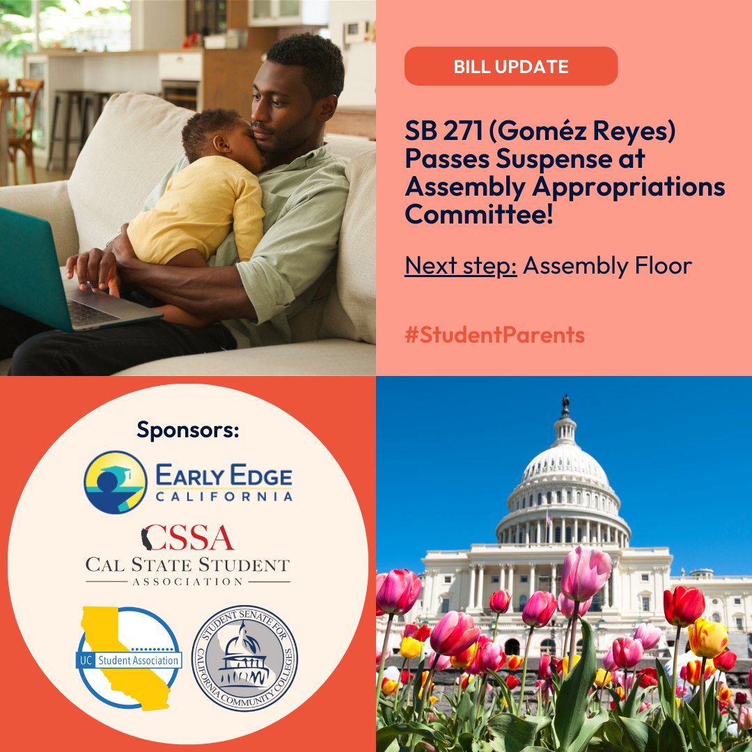 Early Edge (@earlyedgeca) on Twitter photo (1/2) Today, our co-sponsored legislation #SB271 by <a href="/SenEloiseReyes/">Senator Eloise Gómez Reyes</a> passed suspense at the Assembly Appropriations Committee! 🎉 Thank you to <a href="/BuffyWicks/">Buffy Wicks</a> & the committee members for supporting this critical legislation that will support #studentparents pursuing #highereducation. (1/2) Today, our co-sponsored legislation #SB271 by <a href="/SenEloiseReyes/">Senator Eloise Gómez Reyes</a> passed suspense at the Assembly Appropriations Committee! 🎉 Thank you to <a href="/BuffyWicks/">Buffy Wicks</a> & the committee members for supporting this critical legislation that will support #studentparents pursuing #highereducation.