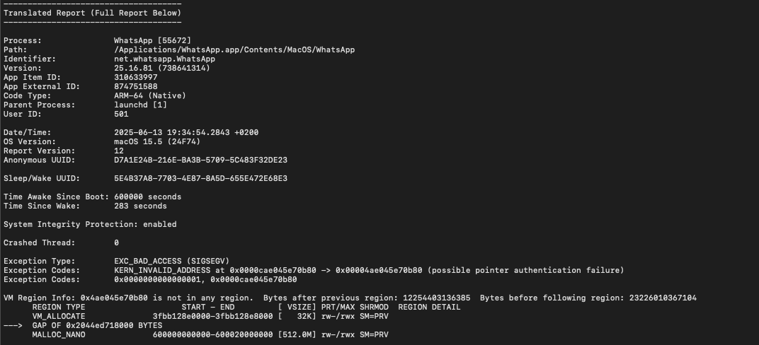 Maybe we should all be taking closer looks at our iOS/macOS WhatsApp crash reports!? 😬 (TBD if related to CVE-2025-55117)