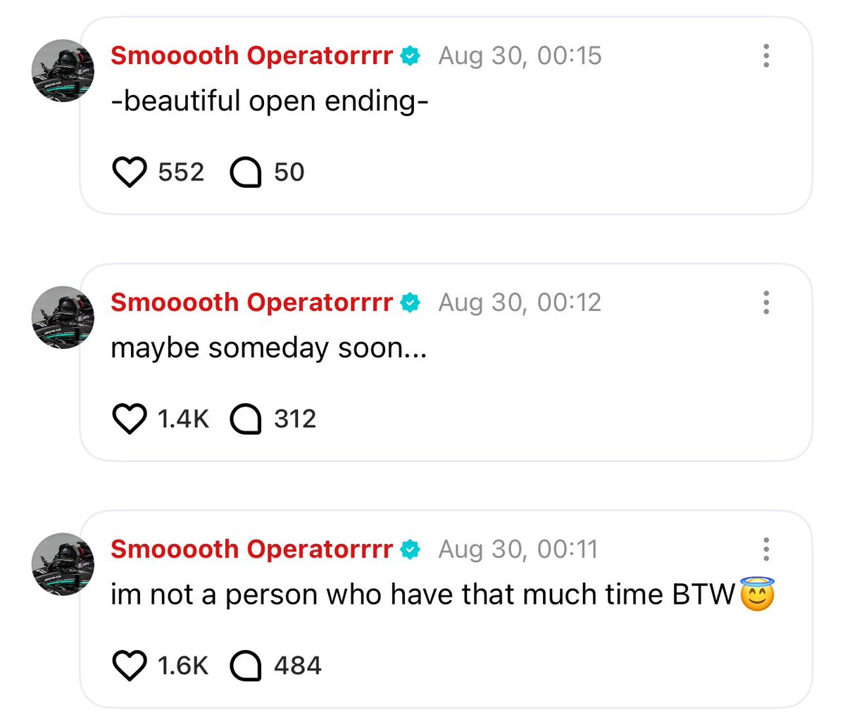 [ #제이’s Reply ] 250830

OP: JAY... . you're literally lurking in ENGENE twitter side, might as well ask to be invited to the F1 x ENGENE group chat lmao no one will knowwww

🐈‍⬛: ohh
🐈‍⬛: great idea
🐈‍⬛: or....
🐈‍⬛: I could already be in the middle of it...?
🐈‍⬛: 👻👻👻👻👻👻👻👻👻