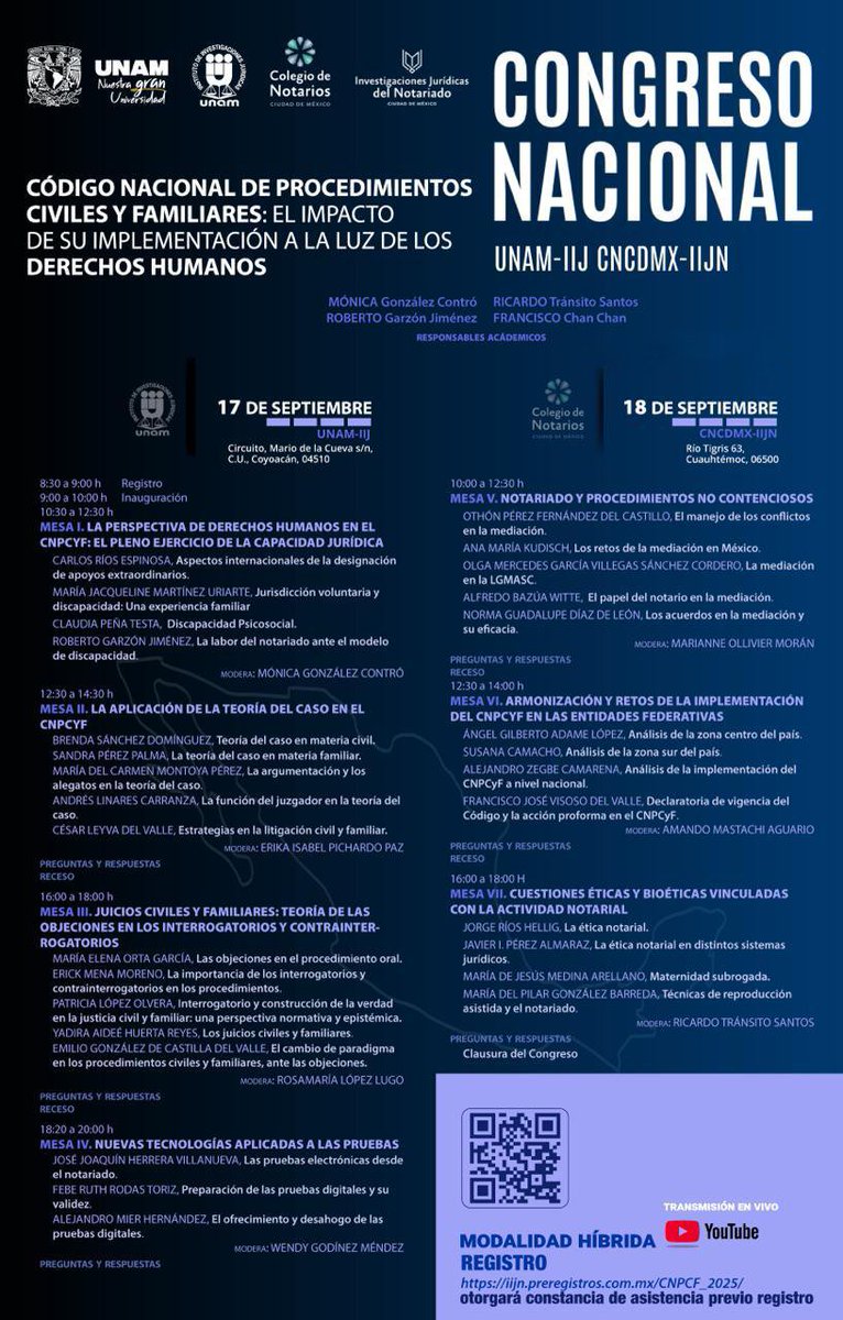 📢 Congreso Nacional 2025 | CNPCyF y Derechos Humanos
🗓️ 17-18 septiembre | Modalidad híbrida
📍 <a href="/IIJUNAM/">Instituto de Investigaciones Jurídicas, UNAM</a>  y <a href="/colegionotarios/">Colegio de Notarios CDMX</a> 

Ponentes de primer nivel y temas de vanguardia en derecho procesal y notarial.

👉 Registro: iijn.preregistros.com.mx/CNPCF_2025/