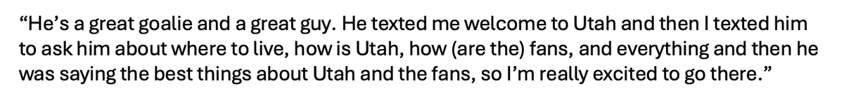 Utah's goaltenders, Vitek Vanecek and Karel Vejmelka know each other well. They played together on Czechia's National Team at various levels growing up. Here's what Vanecek said about Veggie, and what Veggie told him about Utah

#TusksUp