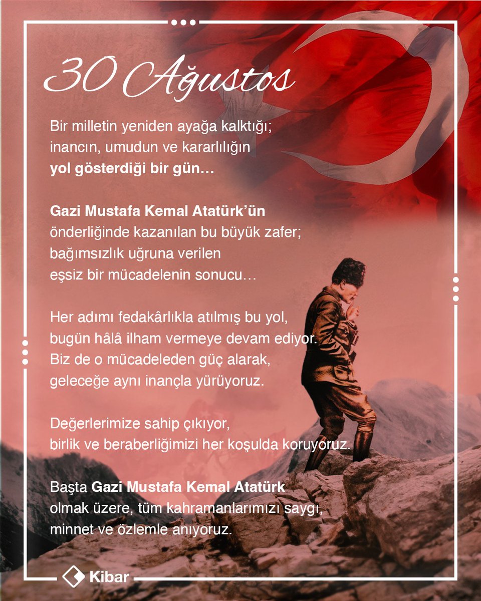 Cumhuriyetimizin ışığında, nice zaferlere!
30 Ağustos Zafer Bayramımız kutlu olsun.
#KibarHolding #30AğustosZaferBayramı

To many more victories in the light of our Republic!
Happy August 30 Victory Day.
