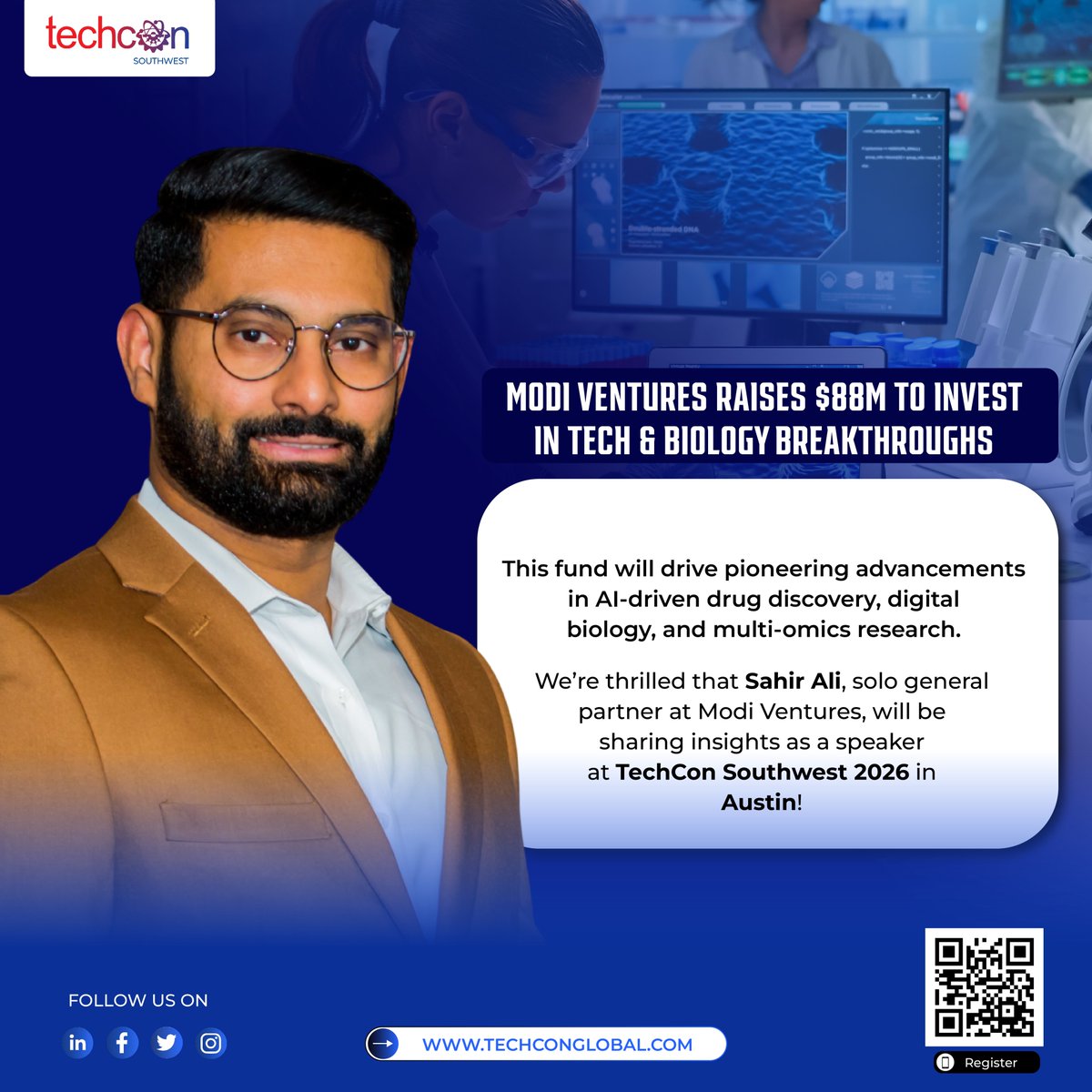 TechCon_Global's tweet image. 🚀 Big News: Modi Ventures raises $88M to power AI-driven drug discovery &amp;amp; digital biology innovation!

Excited to welcome Sahir Ali as a speaker at TechCon SouthWest 2026 in Austin.

Read more →  bit.ly/4p1JLlU

#TechConSouthWest #ModiVentures #TechCon