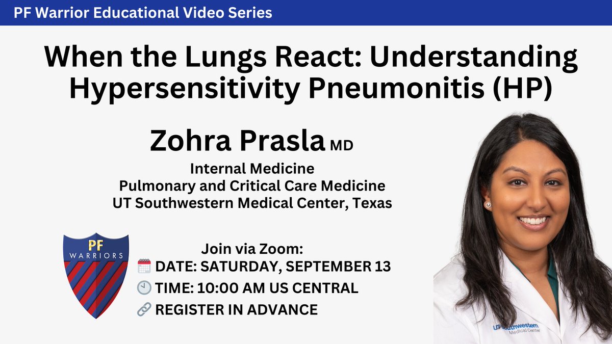 PF Warrior (@pfwarrior) on Twitter photo PF Warriors invites you to our next virtual education meeting: When the Lungs React: Understanding Hypersensitivity Pneumonitis
Join Us!
🗓️ 9/13        
⏰ 10 am CT
🔗 bit.ly/PFWSEP2025 PF Warriors invites you to our next virtual education meeting: When the Lungs React: Understanding Hypersensitivity Pneumonitis
Join Us!
🗓️ 9/13        
⏰ 10 am CT
🔗 bit.ly/PFWSEP2025