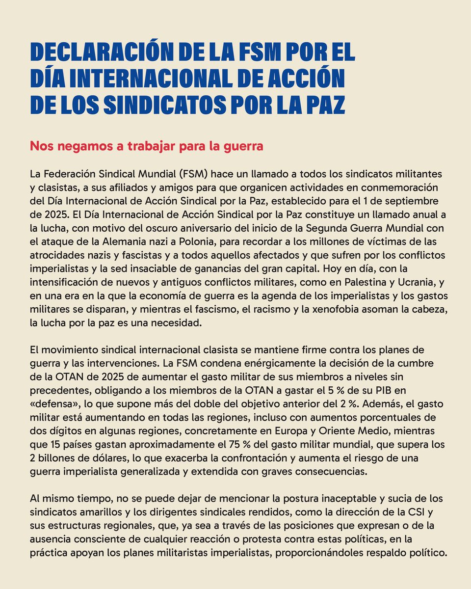 accionscpy's tweet image. Nos negamos a trabajar para la guerra ✊. Este 1/9, la FSM llama a sindicatos y trabajadores del mundo a alzar la voz por la paz, contra el imperialismo y la explotación.

Leé el comunicado completo de la FSM 🔽