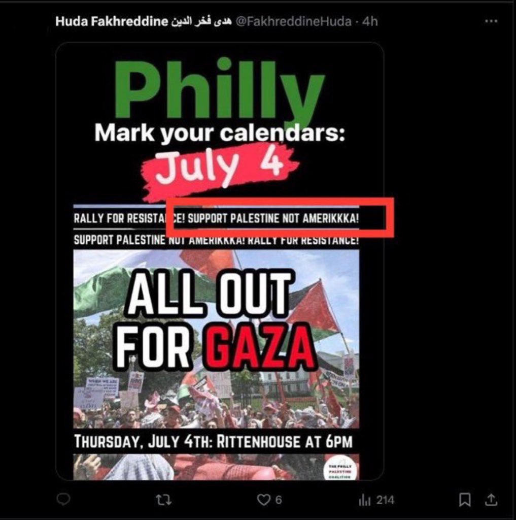 Eyal Yakoby (@eyakoby) on Twitter photo UPenn professor Huda Fakhreddine, refers to America as AmeriKKKa. She also calls upon Americans to resist being American and to instead be Palestinian.
Huda is in the U.S. on a visa. Should <a href="/DHSgov/">Homeland Security</a> deport her if she hates the U.S. so much? UPenn professor Huda Fakhreddine, refers to America as AmeriKKKa. She also calls upon Americans to resist being American and to instead be Palestinian.
Huda is in the U.S. on a visa. Should <a href="/DHSgov/">Homeland Security</a> deport her if she hates the U.S. so much?