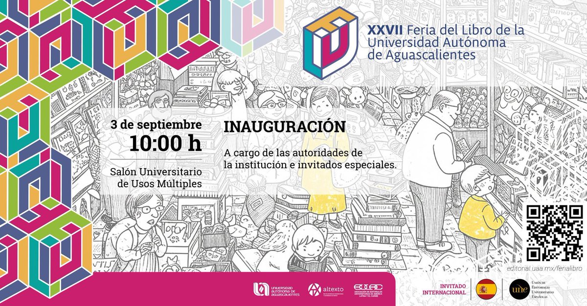 Estamos a solo unos días de inaugurar nuestra XVII Feria del Libro UAA con la participación de la #UNE, Unión de Editoriales Universitarias Españolas como invitada especial 📚 🤩

¡Te esperamos del 3 al 7 de septiembre en el Salón Universitario de Usos Múltiples!