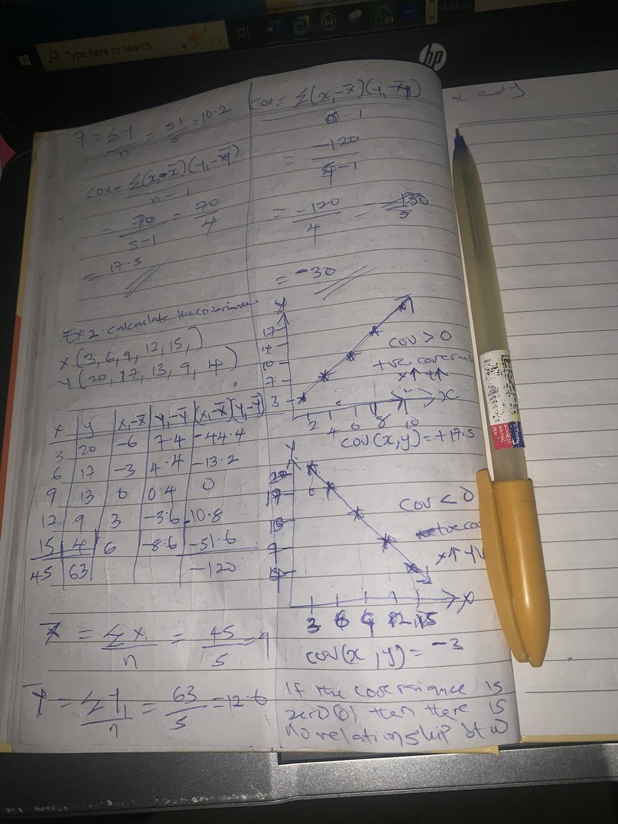 PromiseNwankw14's tweet image. 📘 Day 13: AI/ML Journey
🔹 Math → Statistics
• Covariance = how 2 variables change together
👉 +ve: rise together
👉 -ve: one rises, other falls
Couldn’t cover correlation today (busy w/ home + client work). Will continue tomorrow. Step by step 🚀
#AI 
 #MathForAI
