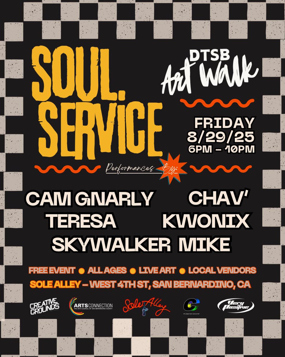 Tonight in Downtown San Bernardino 

SOUL SERVICE • DTSB ARTWALK 
w/ <a href="/ImmortalTeresa/">𝘛𝘌𝘙𝘌𝘚𝘈💫</a> &amp; <a href="/SkywalkerMike_/">👁️‍🗨️</a> 

FREE EVENT • ALL AGES • LIVE ART 

PERFORMING NEW MUSIC WITH THE BAND!
POP UP FOR A SNEAK PEAK OF THE ALBUM