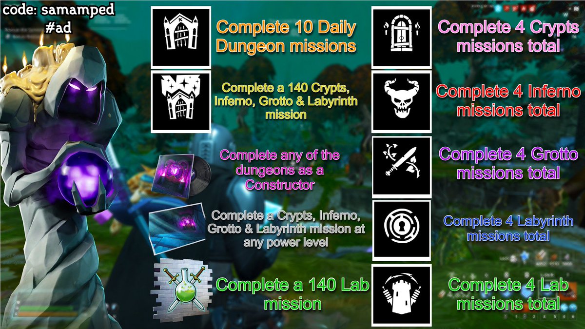 SamAmped's tweet photo. DUNGEONS IS BACK NEXT WEEK!!!! its my fav event so i will be running it A LOT, helps etc. Here is a quick guide to all the banners and cosmetics u can earn from dungeons in @fortnite #stw 

also consider using my cc 'Samamped' #EpicPartner https://t.co/cU0UUuPq2U