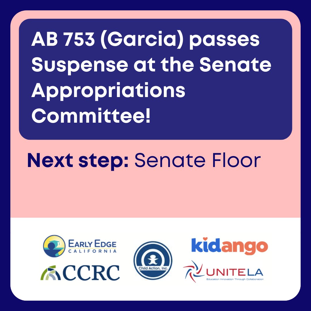 (1/2) Today, our co-sponsored legislation #AB753 (Garcia) passed suspense at the Sen. Appropriations Committee! 🎉 Thank you to Chair <a href="/CASenCaballero/">Anna Caballero</a> &amp; committee members for supporting this legislation which will help address critical #ECE staffing shortages for ECE programs.