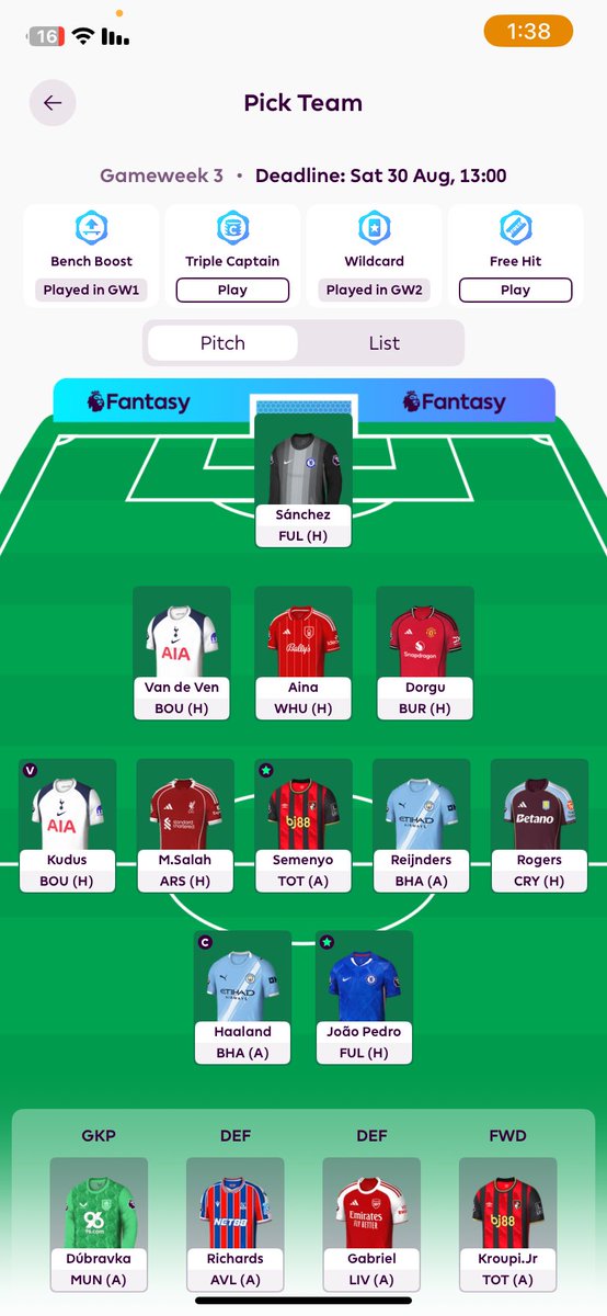 1 -اوفر تبديل 
 2- ابدل من كابريال لمونوز وانزله بدل فان دي فين 
 3- ريتشاردز بدل فان دي فين
 4- من كابريال للاعب تقترحه انت بدل فان دي فين