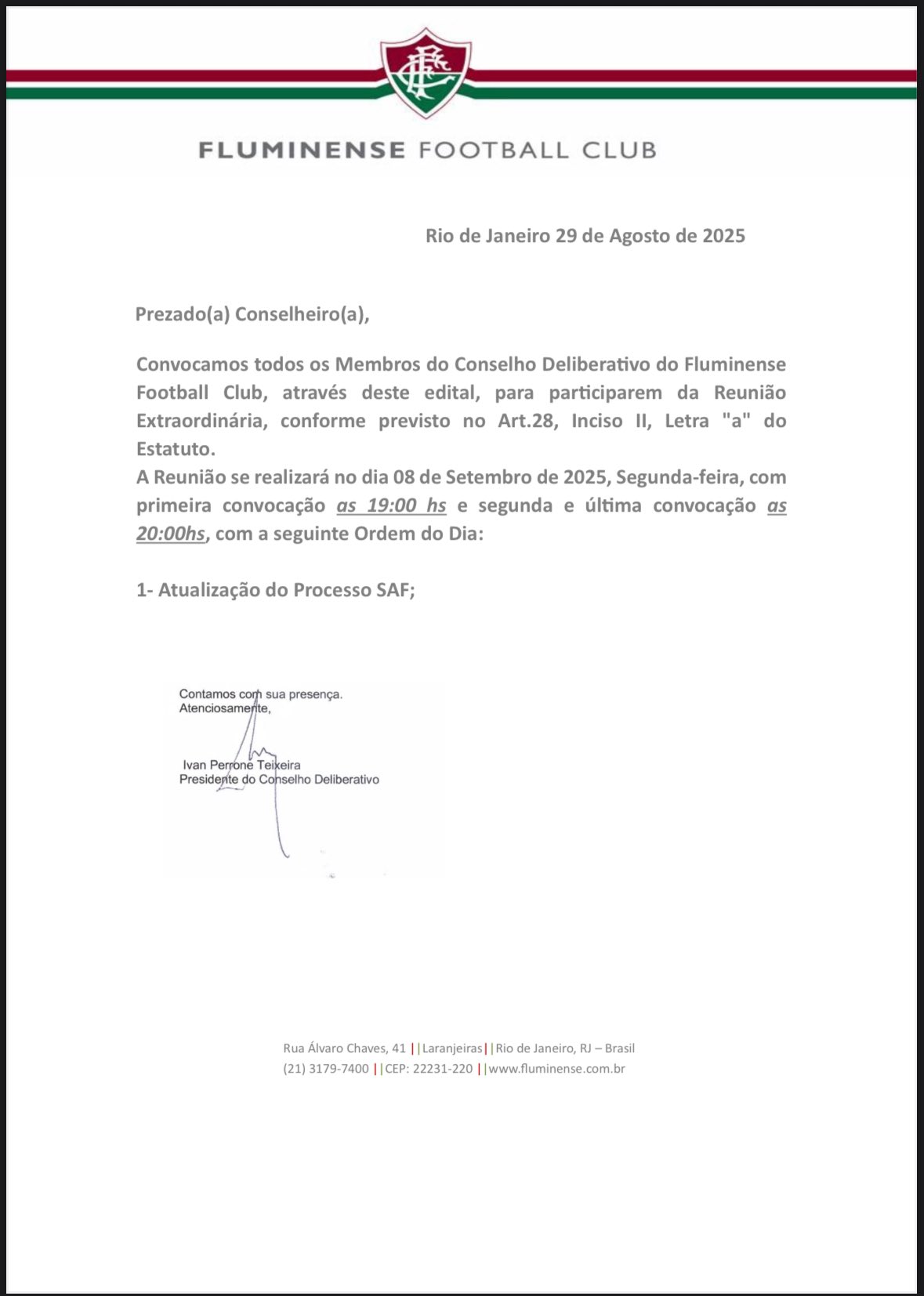 Reunião do Conselho Deliberativo apresentará atualização sobre a SAF do Fluminense 