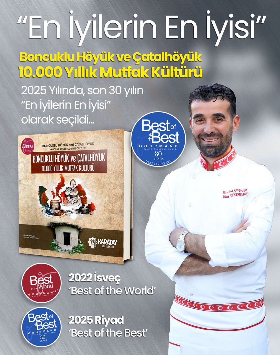 UlasTekerkaya's tweet image. “Kişinin yaptığı iş onun aynasıdır; taklit değil, özdür.
Şef Ulaş Tekerkaya, Riyad’da düzenlenen Gourmand Awards’da ‘Best of the Best 2025 – 30 Yılın En İyilerin En İyisi’ ödülünü kazanarak bu mirası taçlandırdı.
#gourmand #cook #book #bestofthebest #guourmandcookbook #somatci