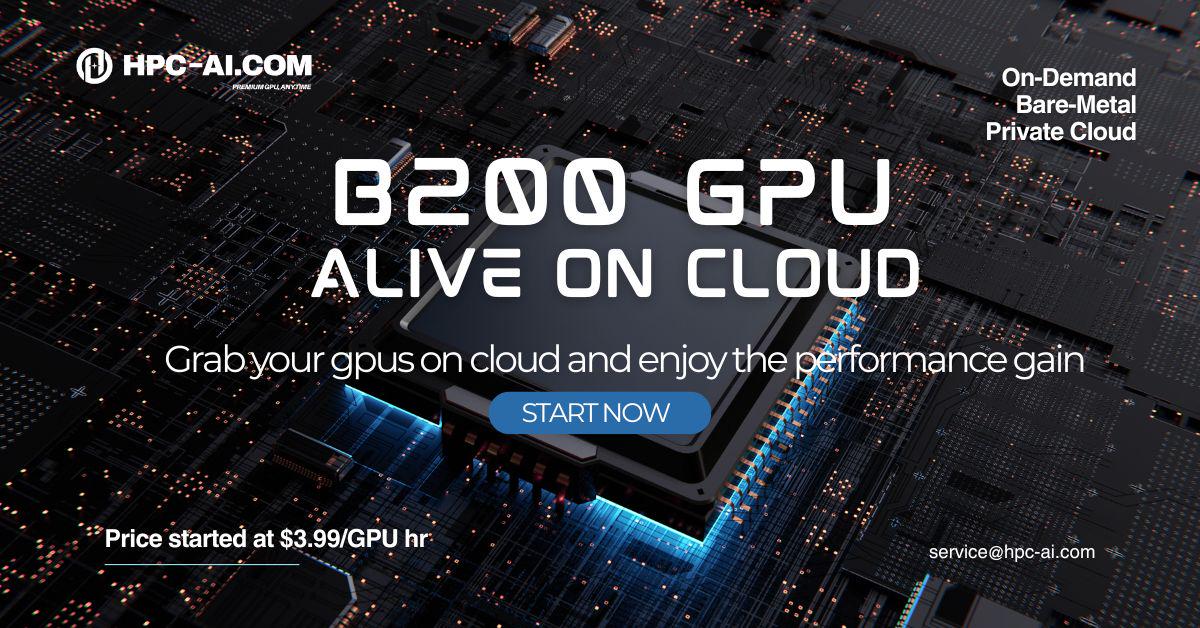 We are thrilled to announce that NVIDIA B200 GPUs are officially alive on HPC-AI.COM, with on-demand access starting at just $3.99/hour. 
Powered by the Blackwell architecture, the B200 offers up to 4x faster training and 15x higher inference throughput, ready to