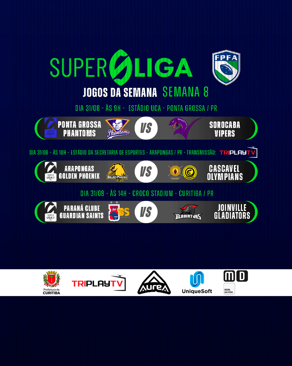 Agenda cheia para os times paranaenses na Superliga D1, D2 e D3. 

Confira as datas e horários dos jogos, e prepare a sua torcida!

#FPFA #FOOTBALL #FOOTBALLSTATE #FUTEBOLAMERICANO #INCENTIVOESPORTECURITIBA #INCENTIVOSOLIDÁRIOPMC #GOVERNODOESTADODOPARANÁ #PARANÁESPORTE