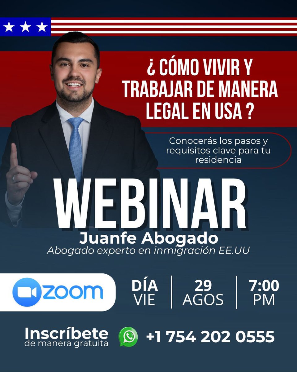 ✨🌎 WEBINAR EXCLUSIVO ✨🌎

¿Quiere vivir y trabajar legalmente en Estados Unidos? 
Este viernes 29 de agosto a las 7:00 p.m. 🇨🇴- 8pm🇺🇸 le revelaré los pasos y requisitos clave para obtener su residencia. 
✅ Link de conexión 👇🏽
zoom.us/j/3108150199?p…