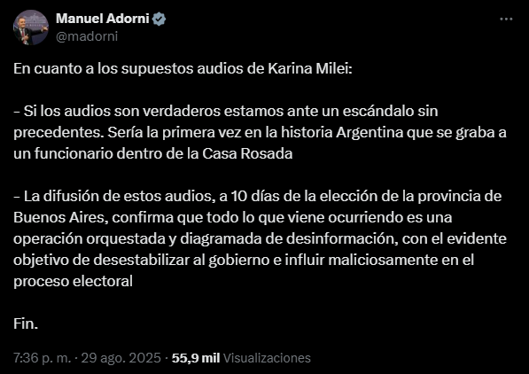 Al fin una declaración de Adorni sirvió para algo: confirma la veracidad de los audios y agrega que la conversación sucedió en Casa Rosada.