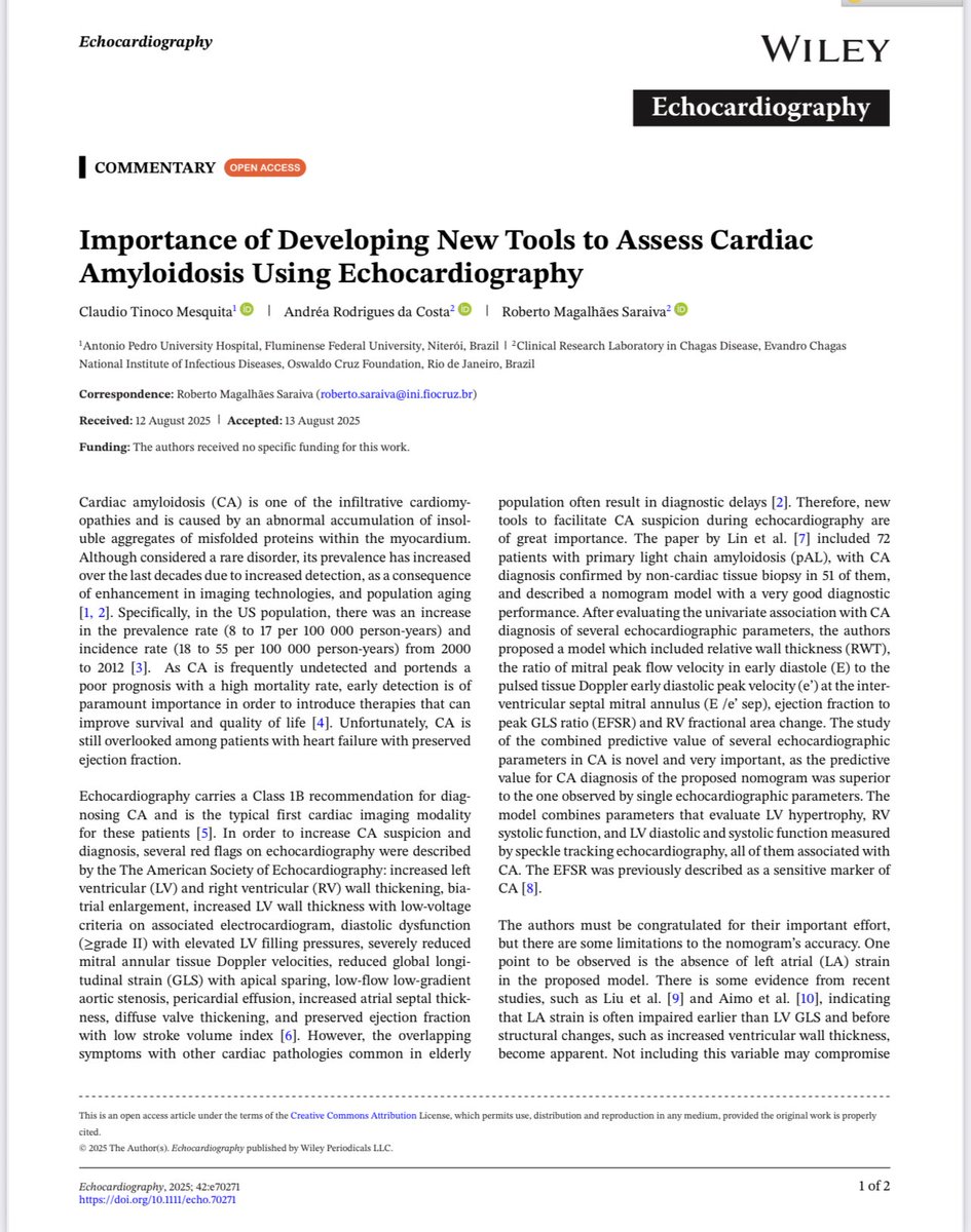 Honored to publish our commentary on the importance of echo in cardiac amyloidosis in Echocardiography. A privilege to work with Dr. Andréa Costa and Dr. Roberto Saraiva on advancing early detection and better care 💙🫀 pmc.ncbi.nlm.nih.gov/articles/PMC12… <a href="/pabeda1/">Sergio Kaiser MD, PhD, FACC, FESC 🇧🇷🇮🇱🇷🇴🇺🇦</a> <a href="/estelais/">Dra. Isabel Carvajal.</a> <a href="/ISA_Amyloidosis/">The International Society Of Amyloidosis</a>