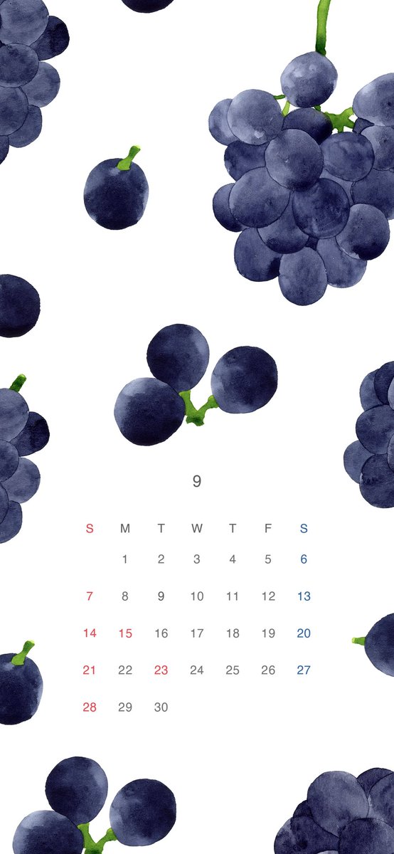 描いたばかりのぶどうの柄
9月のスマホ用の壁紙です🍇

#カレンダー #壁紙 
#calendar #wallpaper