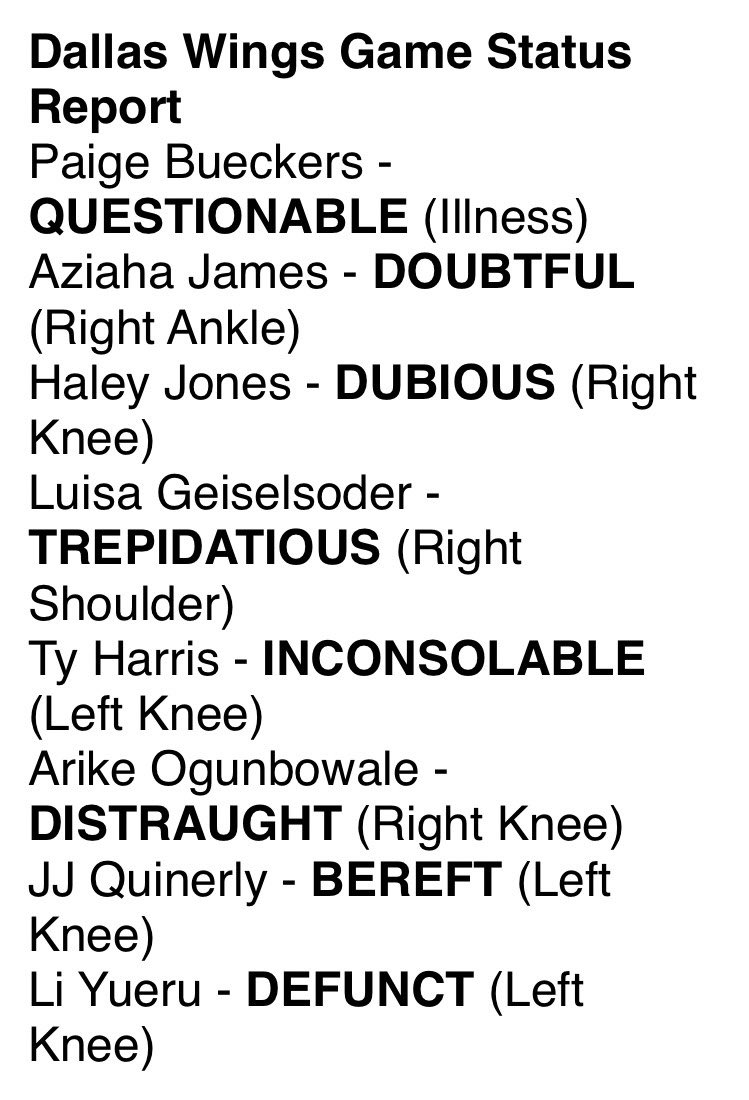 Justine and I rewrote the <a href="/DallasWings/">Dallas Wings</a> injury report to make it less unpleasant. 
#wnba