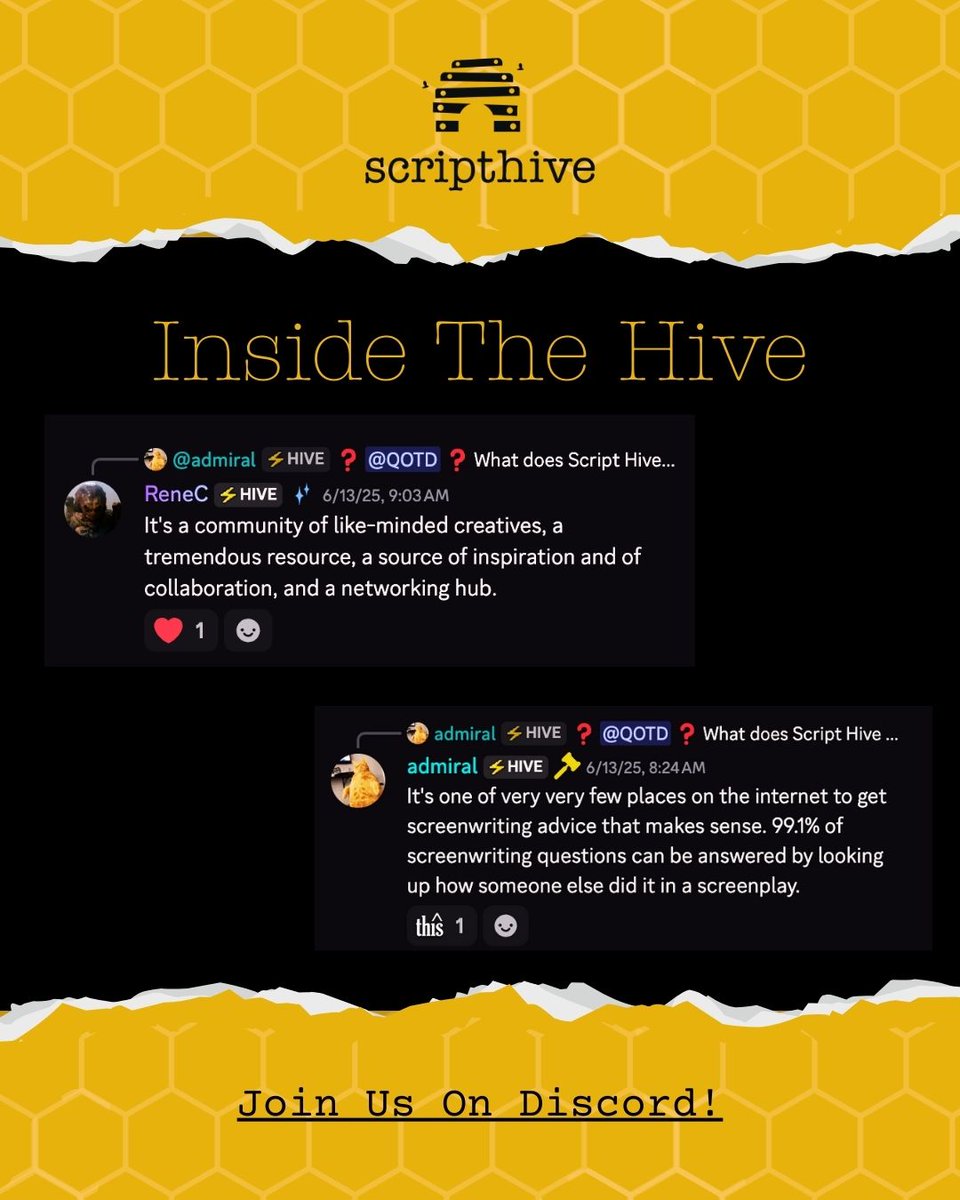 scripthive's tweet image. What’s The Script Hive Database?! 🍯
A collective of writers who believe the best way to master screenwriting is by reading scripts!
📚 20,000+ scripts: films, TV pilots & more!
🐝 Easy to navigate
🔗 scripthive.com
Join the Hive on Discord ⬇️
🔗 discord.com/invite/screenw…