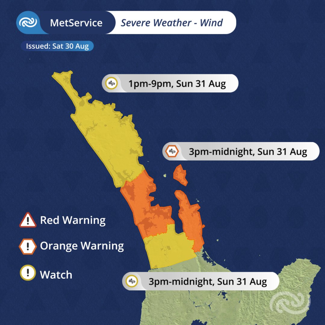 💨 Squally showers and thunderstorms across the upper North Island on Sunday morning and afternoon may bring brief damaging wind gusts to spots where they touch down 🎯

🟠 Then, from Sunday afternoon warnings and watches are in place for widespread severe gale southwesterlies 🟡