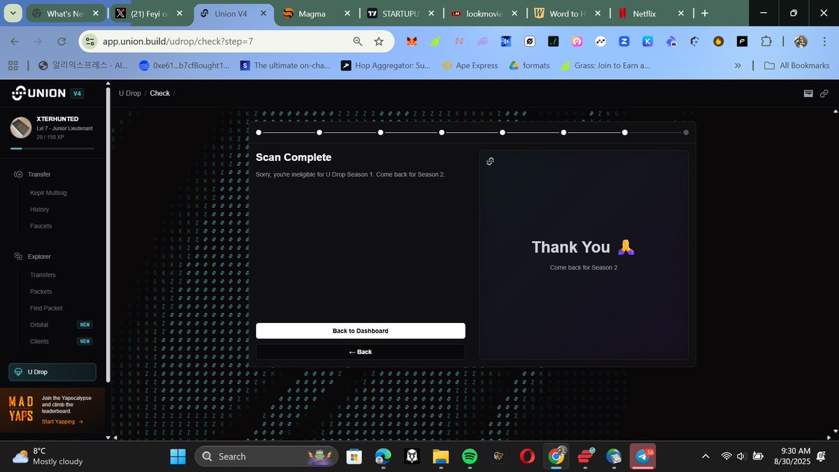 XterHunted's tweet image. over 8 months of being a test net user, hundreds of trasactions processed, no sybil, ranked 26132, 84 achievements, level 7 secured .. hard work and labor and all i get is Thank You "you're not eligible" @union_build @0xkaiserkarel @corcoder ... look into this please ..