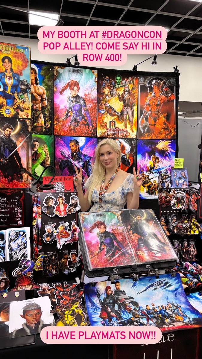 I’m at DragonCon in the Pop Alley, row 400! In addition to prints and stickers, I’m debuting playmats for Baldur’s Gate 3, Mass Effect, Final Fantasy, Fallout New Vegas, and Arcane’s Jinx and Vi! Also signing FF MTG cards as usual