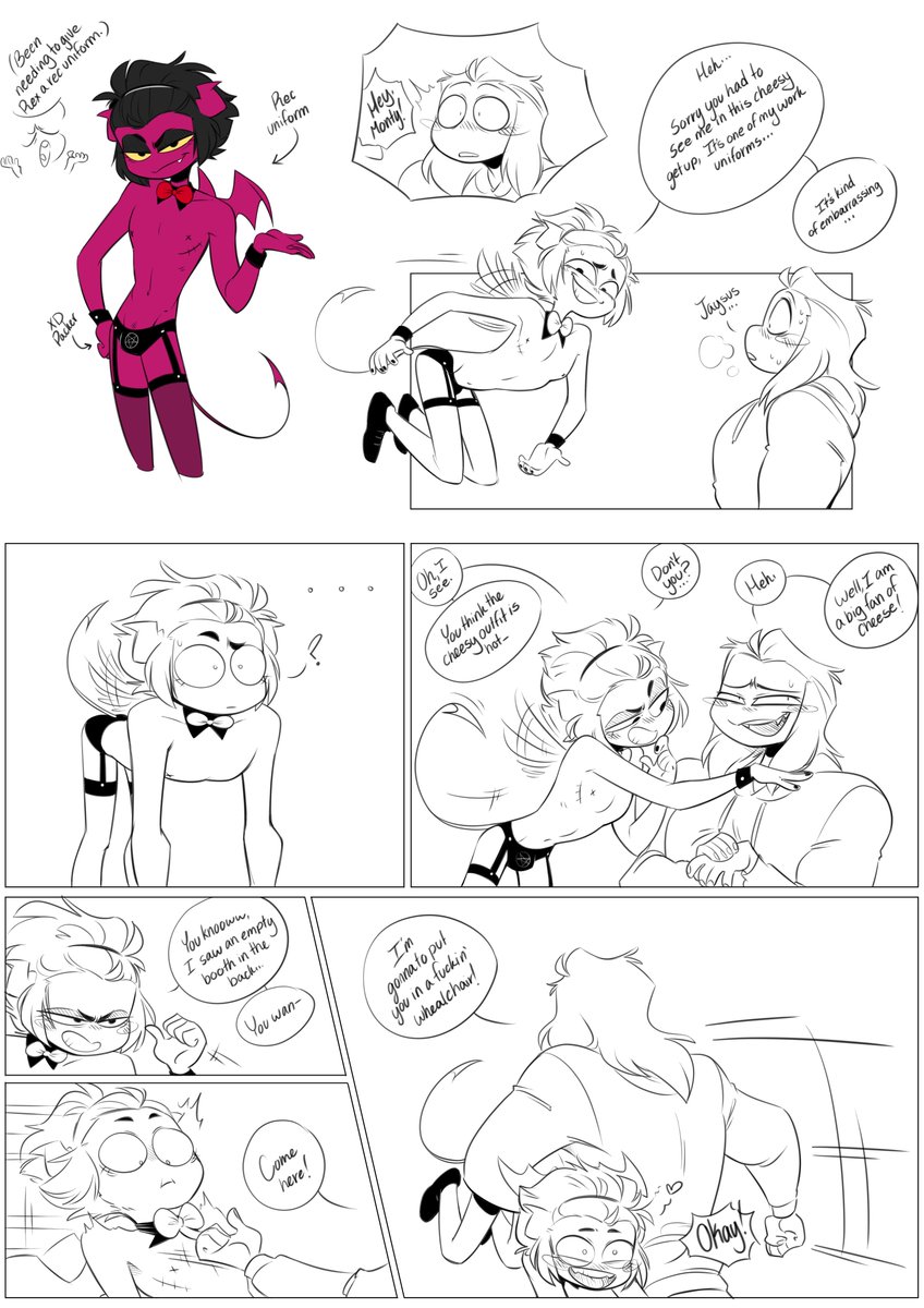 dommato1's tweet image. Rex's rec uniform- short #BTTA comic.
Rex has different uniforms for different jobs he does at the Pentagram Arena. This one is for the recreational area, where he waits on the fighters. His favorite job. ❤️
Monty belongs to @AxelGear11!
#BacktotheArena #MontgomeryPython