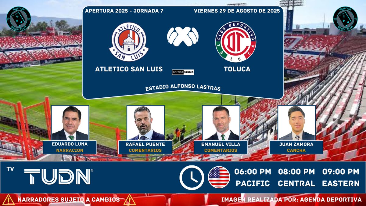 Agenda Deportiva (@agendadeport22) on Twitter photo #LigaBBVAMx - Jornada 7
Transmisión: USA 🇺🇸
#SanLuis vs #Toluca
📺 #TUDNUSA
🎙️<a href="/laloeluna/">Lalo Luna</a>
📝<a href="/rafaelpuente/">Rafael Puente</a>
📝<a href="/TitoVilla1982/">Emanuel “Tito” Villa</a>
🏟️<a href="/JCZamora07/">Juan Carlos Zamora</a>
#Apertura2025
#AgendaDeportiva #LigaBBVAMx - Jornada 7
Transmisión: USA 🇺🇸
#SanLuis vs #Toluca
📺 #TUDNUSA
🎙️<a href="/laloeluna/">Lalo Luna</a>
📝<a href="/rafaelpuente/">Rafael Puente</a>
📝<a href="/TitoVilla1982/">Emanuel “Tito” Villa</a>
🏟️<a href="/JCZamora07/">Juan Carlos Zamora</a>
#Apertura2025
#AgendaDeportiva
